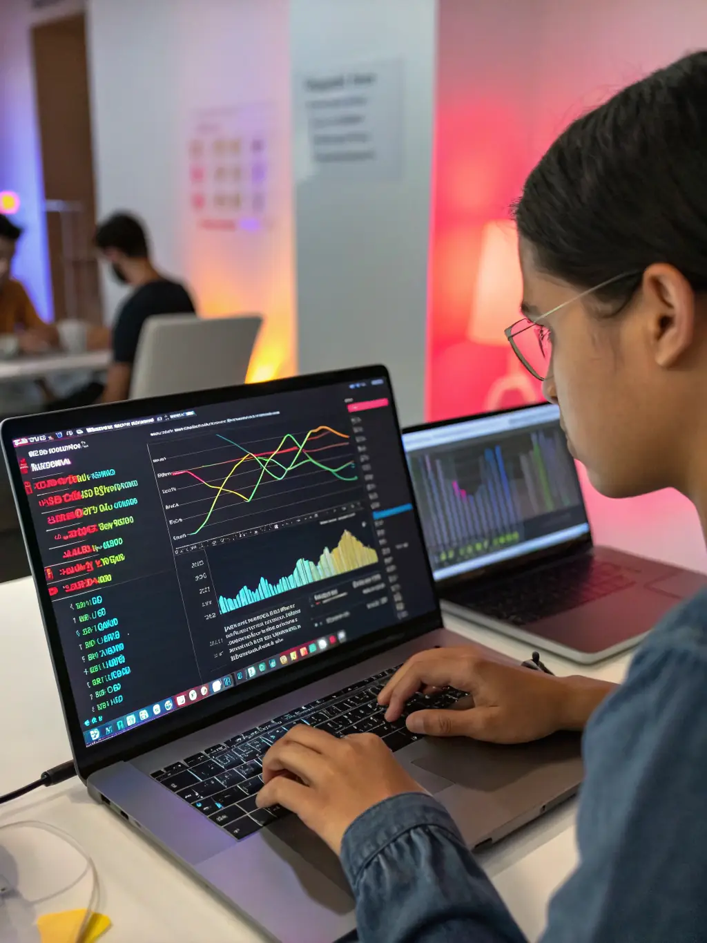 An image of the R programming language logo with statistical charts in the background, emphasizing its use in statistical analysis and data visualization, used to showcase the R course.