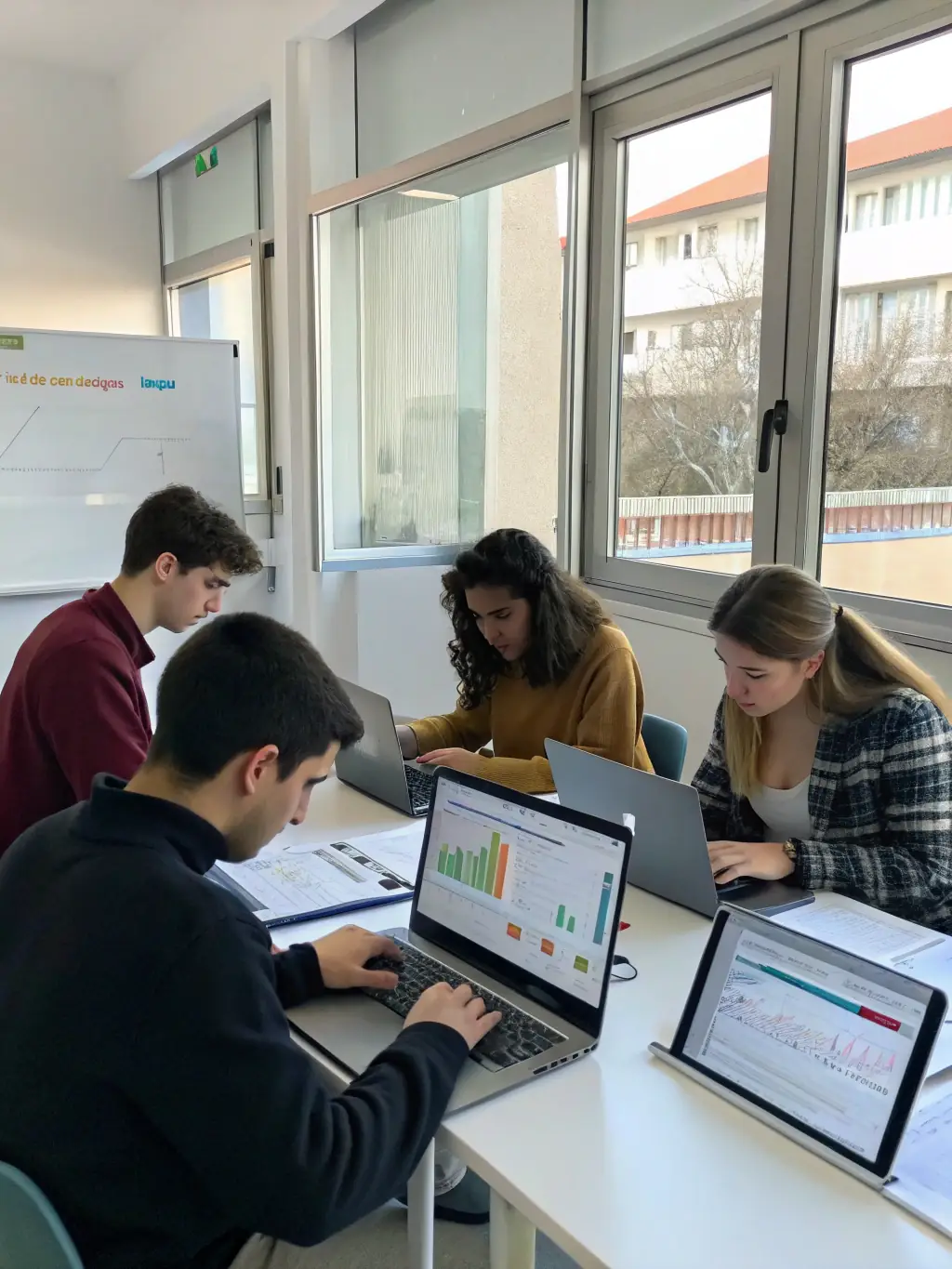 A diverse group of students collaborating on a data science project, using laptops and discussing insights from data visualizations, used to showcase the Data Science Training Program.